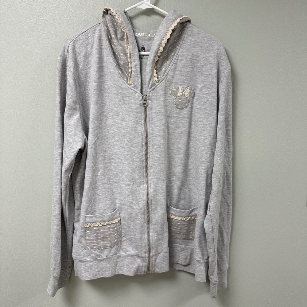 Disney Parks Minnie Mouse Gray Polka Dot Lace Trim Full Zip Hoodie XXL